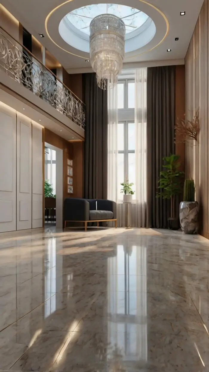 Lobby d'hotel de luxe avec sol en marbre après cristallisation à Neuilly-sur-Seine