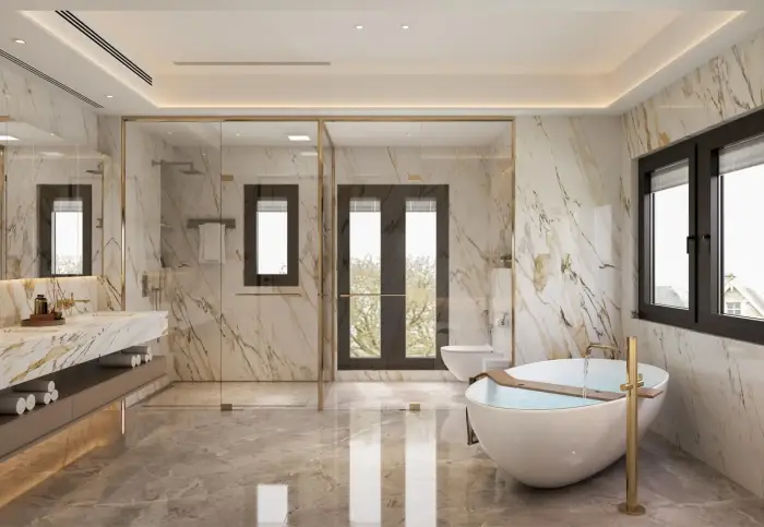 Salle de bain de luxe avec murs et sol en marbre poli brillant